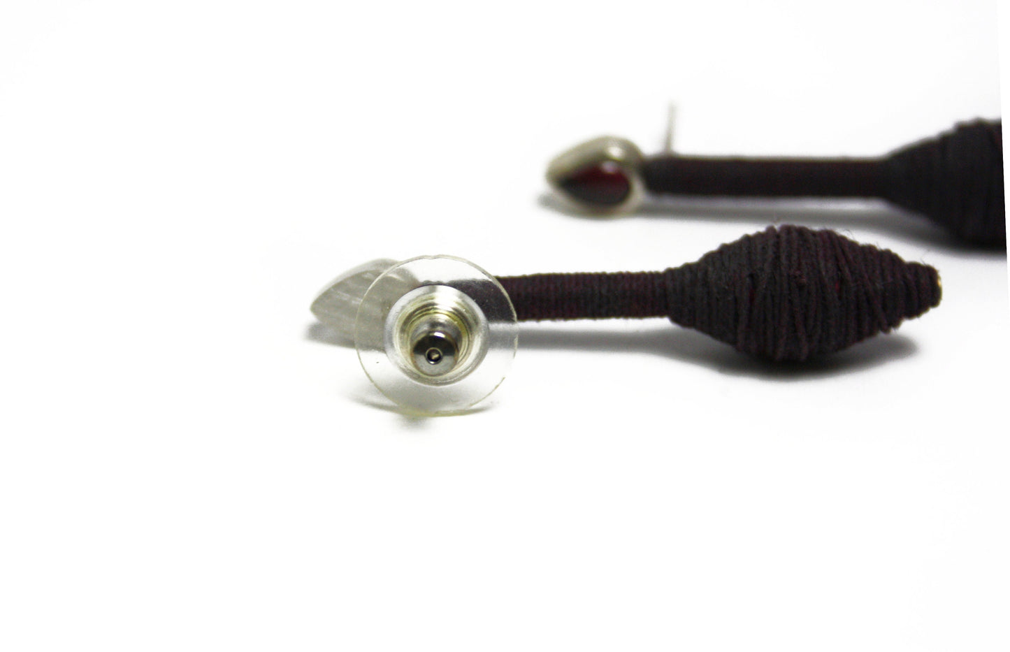 Textile earrings with red tourmaline drop 925 silver yarn synthetic resin burgundy