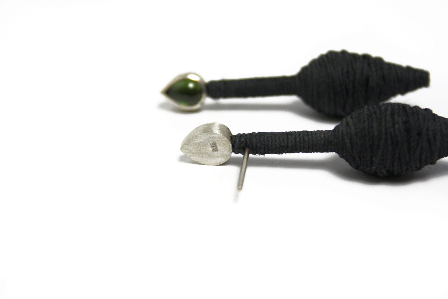 Textile stud earrings with green tourmaline drops 925 silver yarn synthetic resin anthracite