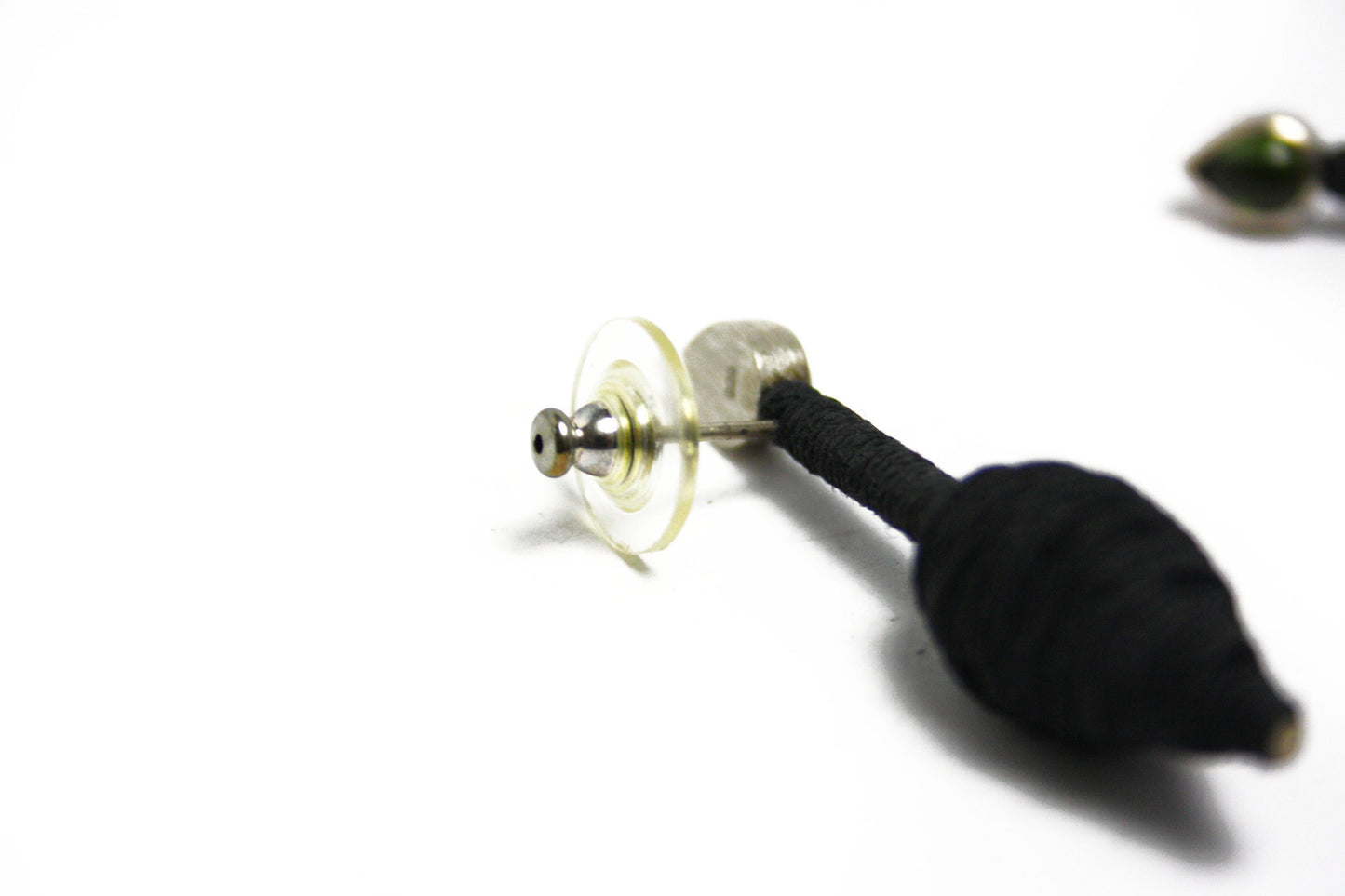 Textile stud earrings with green tourmaline drops 925 silver yarn synthetic resin anthracite