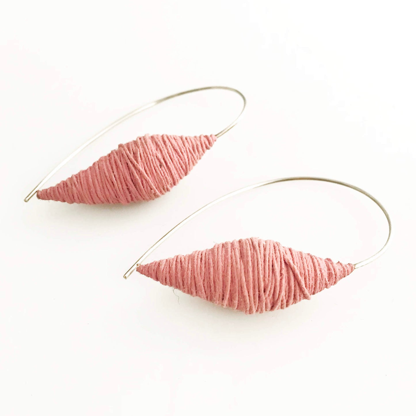 Textile earrings 925 silver hoops wrapped with yarn and resin pink