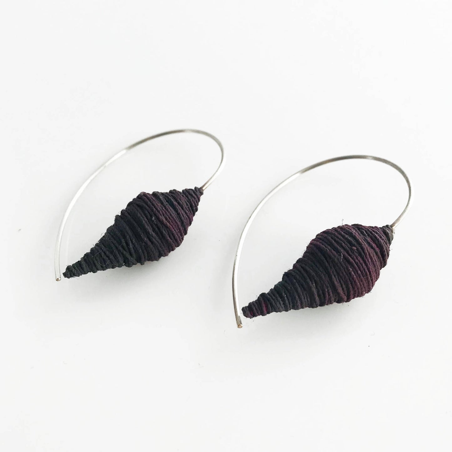 Textile earrings 925 silver hangers wrapped in dark red yarn and synthetic resin