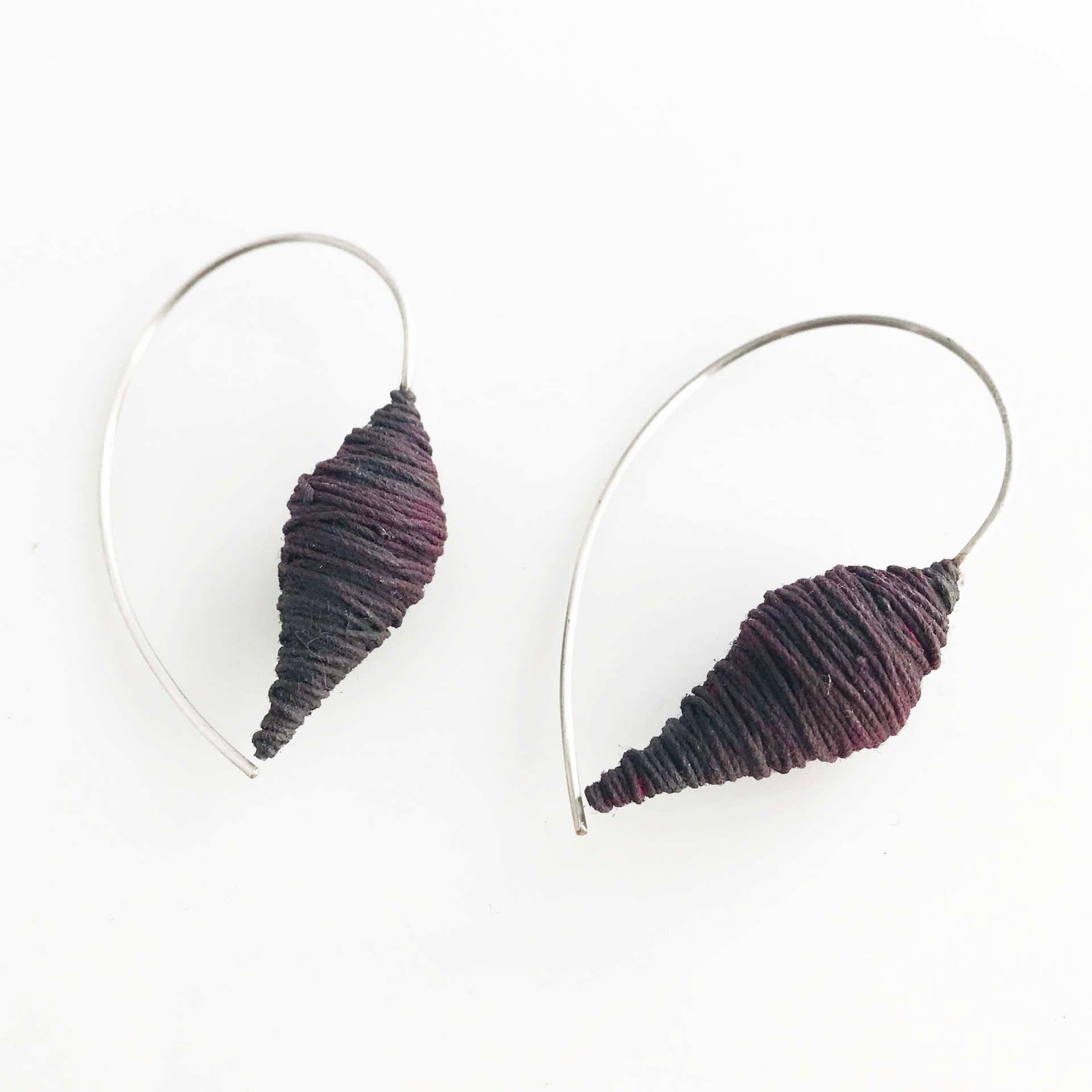 Textile earrings 925 silver hangers wrapped in dark red yarn and synthetic resin